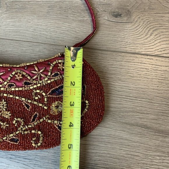Beaded Purse Clutch Burgundy Satin Copper Gold Color Beads Zip Close, Strap Vtg - Picture 9 of 10